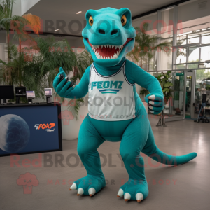 Teal T Rex mascot costume character dressed with a Running Shorts and Gloves