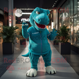 Teal T Rex mascot costume character dressed with a Running Shorts and Gloves