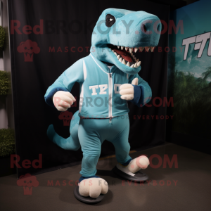 Teal T Rex mascot costume character dressed with a Running Shorts and Gloves