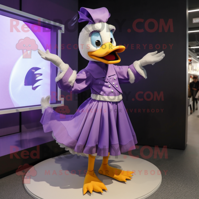 Purple Goose mascot costume character dressed with a Skirt and Gloves Purple Goose mascot costume character dressed with a Skirt and Gloves