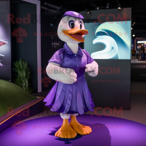 Purple Goose mascot costume character dressed with a Skirt and Gloves