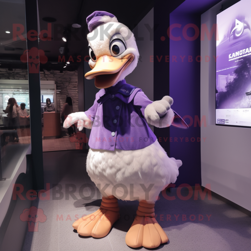 Purple Goose mascot costume character dressed with a Skirt and Gloves