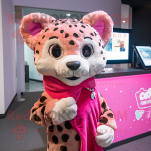 Pink Cheetah mascot costume character dressed with a Graphic Tee and Pocket squares