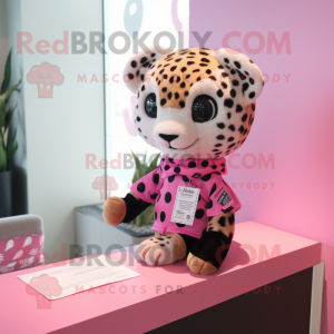 Pink Cheetah mascot costume character dressed with a Graphic Tee and Pocket squares