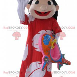 Menina morena mascote com vestido havaiano - Redbrokoly.com