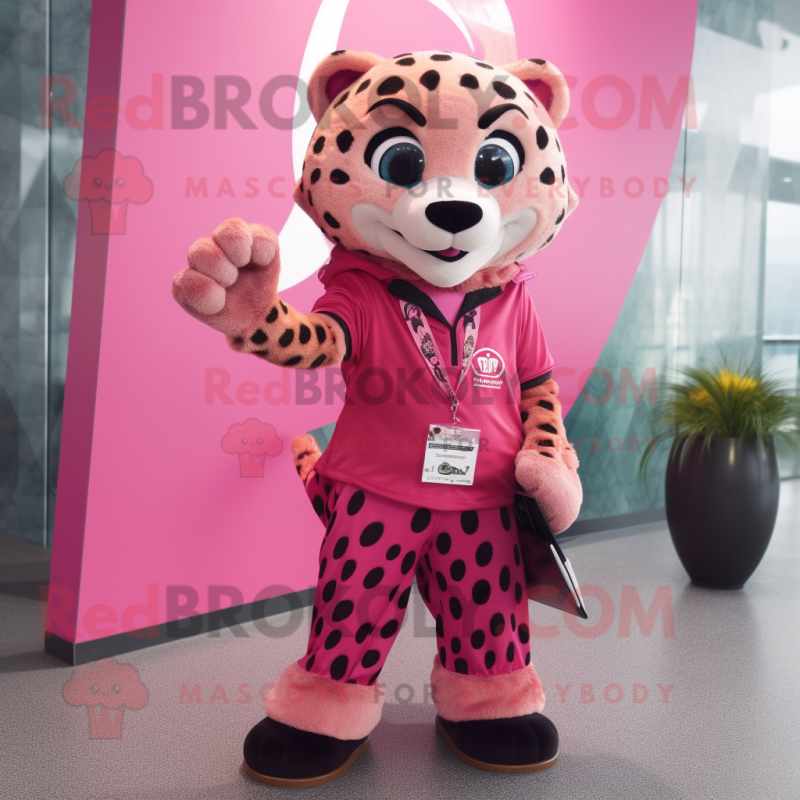 Pink Cheetah mascot costume character dressed with a Graphic Tee and Pocket squares Pink Cheetah mascot costume character dressed with a Graphic Tee and Pocket squares