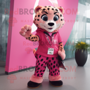 Pink Cheetah mascot costume character dressed with a Graphic Tee and Pocket squares