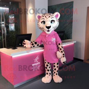 Pink Cheetah mascot costume character dressed with a Graphic Tee and Pocket squares