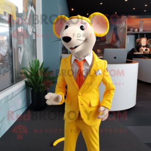 Yellow Rat mascot costume character dressed with a Suit Jacket and Cufflinks