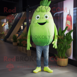 Lime Green Radish mascot costume character dressed with a Skinny Jeans and Brooches