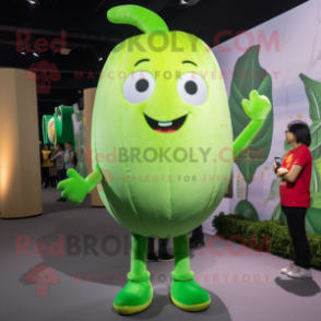 Lime Green Radish mascot costume character dressed with a Skinny Jeans and Brooches