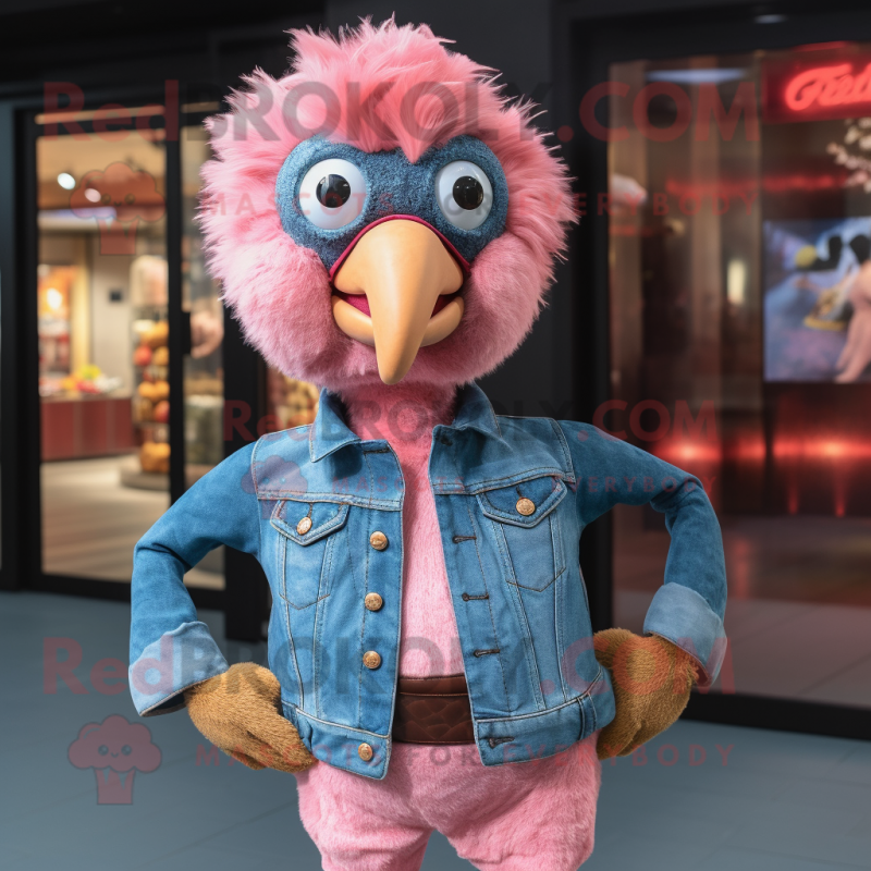 Pink Turkey mascot costume character dressed with a Denim Shirt and Cummerbunds