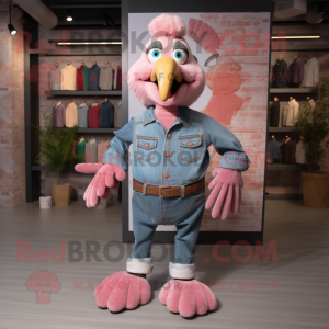 Pink Turkey mascot costume character dressed with a Denim Shirt and Cummerbunds