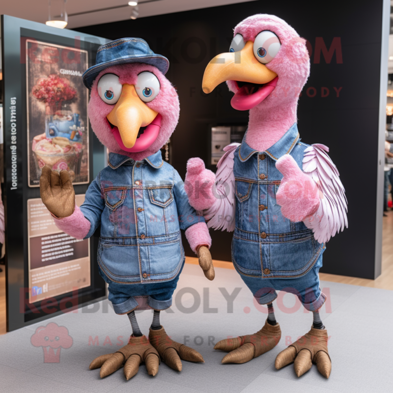 Pink Turkey mascot costume character dressed with a Denim Shirt and Cummerbunds Pink Turkey mascot costume character dressed with a Denim Shirt and Cummerbunds