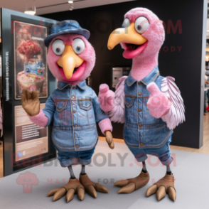 Pink Turkey mascot costume character dressed with a Denim Shirt and Cummerbunds