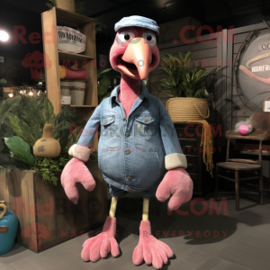 Pink Turkey mascot costume character dressed with a Denim Shirt and Cummerbunds