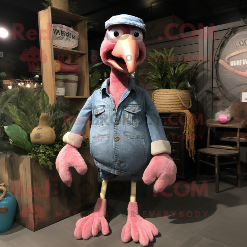 Pink Turkey mascot costume character dressed with a Denim Shirt and Cummerbunds Pink Turkey mascot costume character dressed with a Denim Shirt and Cummerbunds