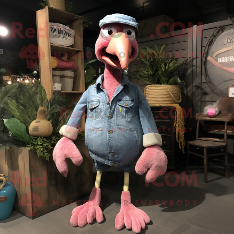 Pink Turkey mascot costume character dressed with a Denim Shirt and Cummerbunds