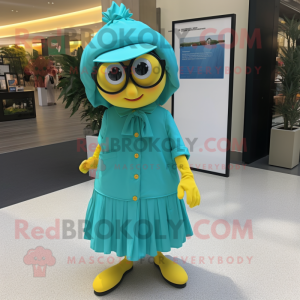 Teal Lemon mascot costume character dressed with a Wrap Dress and Eyeglasses