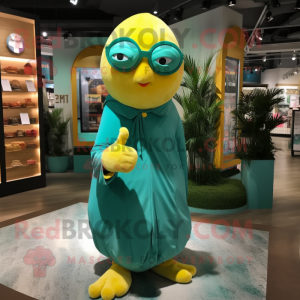 Personaje de traje de mascota Teal Lemon vestido con un vestido cruzado y anteojos