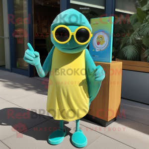Teal Lemon mascot costume character dressed with a Wrap Dress and Eyeglasses