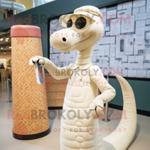 Cream Brachiosaurus mascot costume character dressed with a Pencil Skirt and Berets