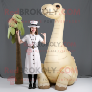 Cream Brachiosaurus mascot costume character dressed with a Pencil Skirt and Berets