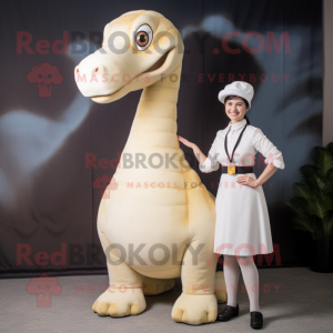 Cream Brachiosaurus mascot costume character dressed with a Pencil Skirt and Berets