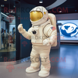 Cream Astronaut mascot costume character dressed with a Bodysuit and Caps