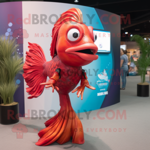 Red Betta Fish mascot costume character dressed with a Graphic Tee and Earrings