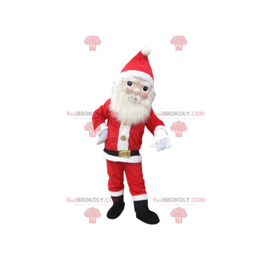 Mascote do Papai Noel com uma bela barba branca e óculos -