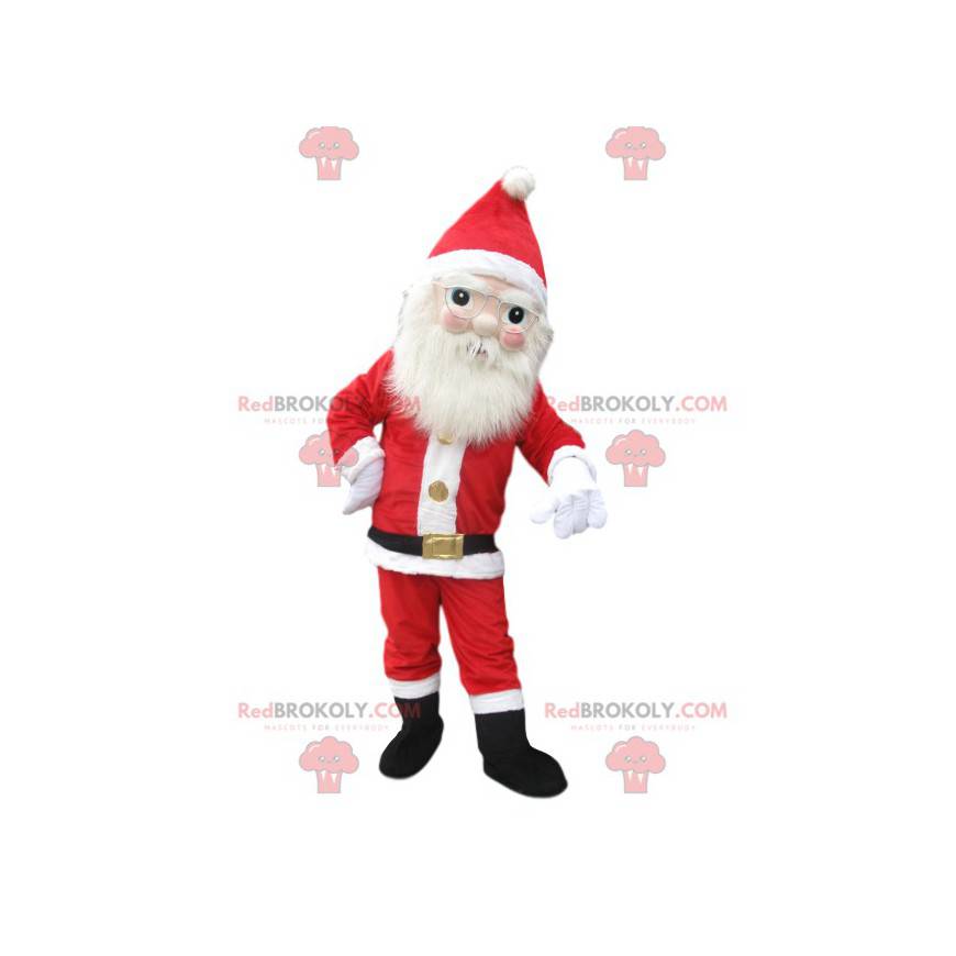 Santa Claus mascot with a beautiful white beard and glasses -