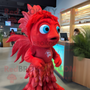 Red Betta Fish mascot costume character dressed with a Graphic Tee and Earrings