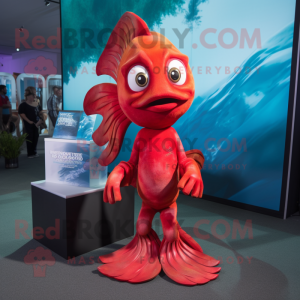 Red Betta Fish mascot costume character dressed with a Graphic Tee and Earrings