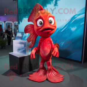 Red Betta Fish maskot drakt figur kledd med en grafisk t-skjorte og øredobber