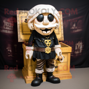 Cream Treasure Chest mascot costume character dressed with a Biker Jacket and Shawl pins