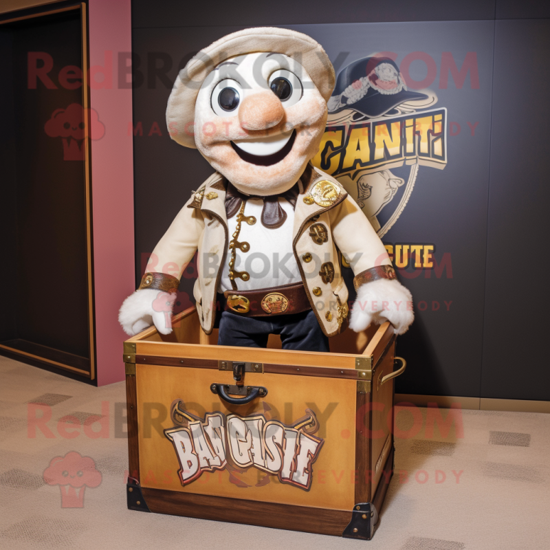 Cream Treasure Chest mascot costume character dressed with a Biker Jacket and Shawl pins Cream Treasure Chest mascot costume character dressed with a Biker Jacket and Shawl pins