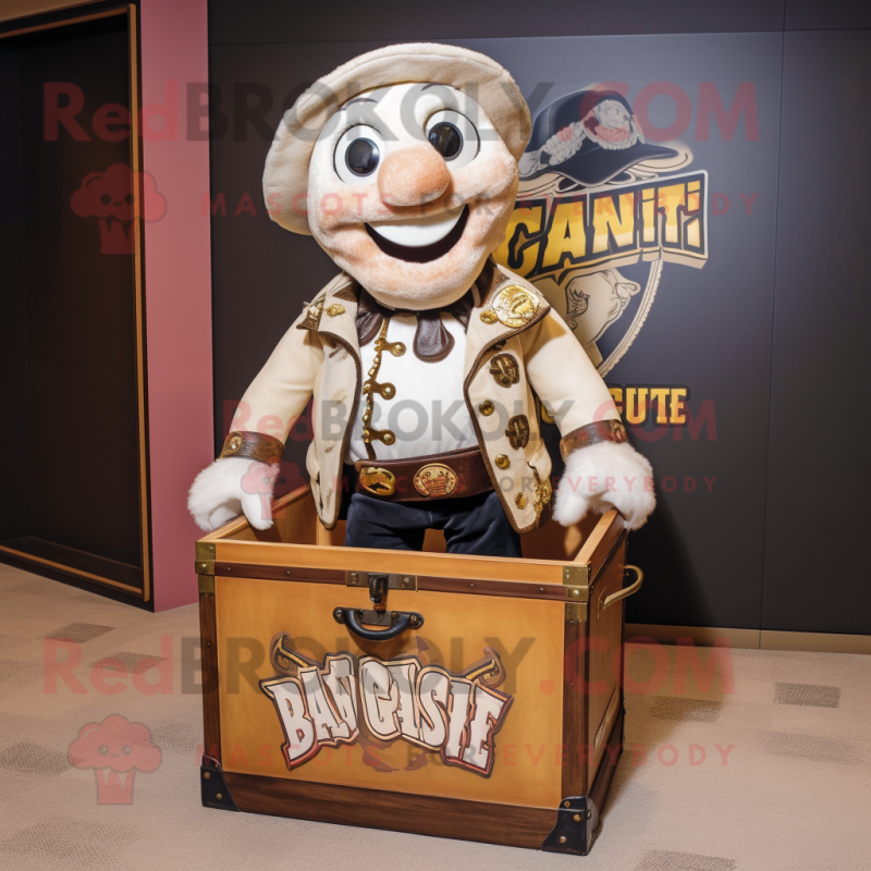 Cream Treasure Chest mascot costume character dressed with a Biker Jacket and Shawl pins