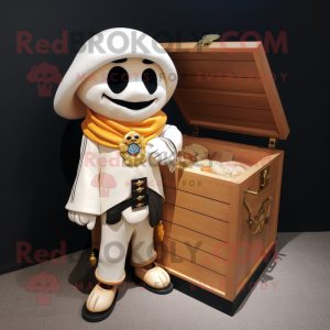 Cream Treasure Chest mascot costume character dressed with a Biker Jacket and Shawl pins
