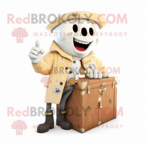 El personaje del disfraz de la mascota del cofre del tesoro de color crema vestido con una chaqueta de motociclista y alfileres 