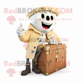 Cream Treasure Chest mascot costume character dressed with a Biker Jacket and Shawl pins