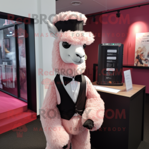 Pink Alpaca mascot costume character dressed with a Tuxedo and Headbands