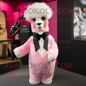 Pink Alpaca mascot costume character dressed with a Tuxedo and Headbands