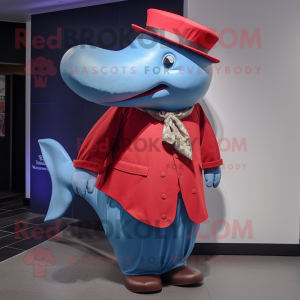 Red Blue Whale mascot costume character dressed with a Vest and Hat pins