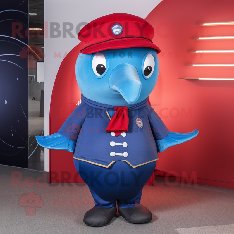Red Blue Whale mascot costume character dressed with a Vest and Hat pins Red Blue Whale mascot costume character dressed with a Vest and Hat pins