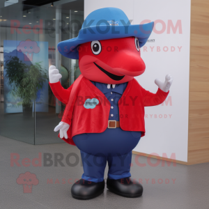 Red Blue Whale mascot costume character dressed with a Vest and Hat pins