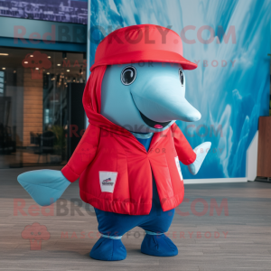 Red Blue Whale mascot costume character dressed with a Vest and Hat pins