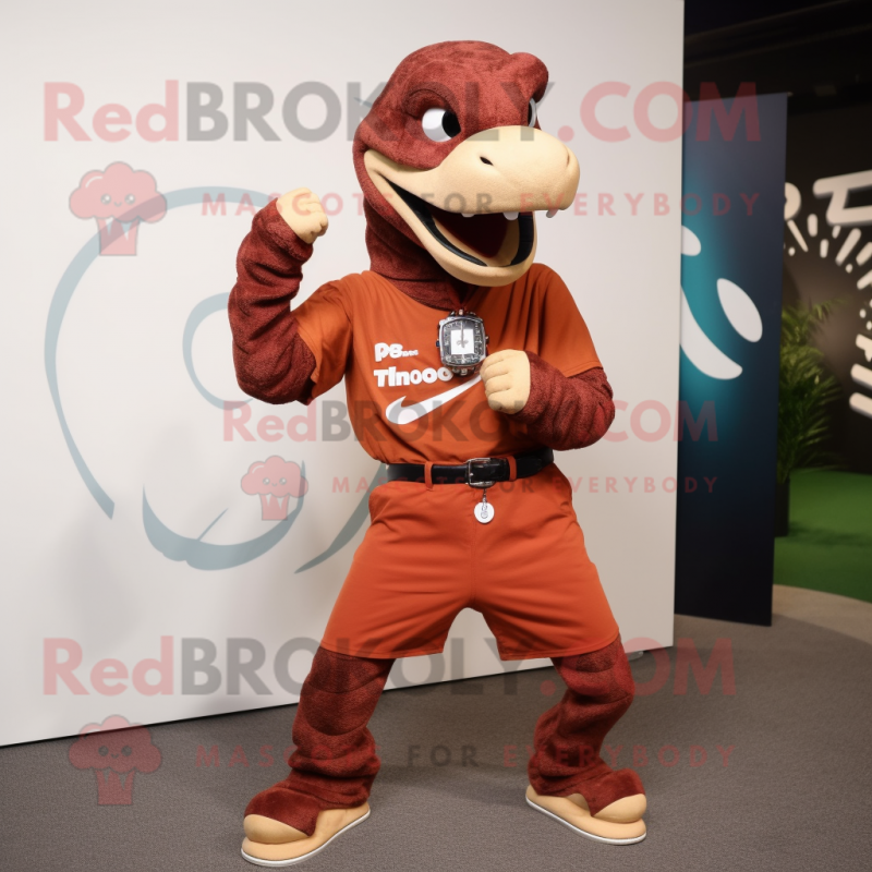 Rust Titanoboa mascot costume character dressed with a Joggers and Bracelet watches Rust Titanoboa mascot costume character dressed with a Joggers and Bracelet watches