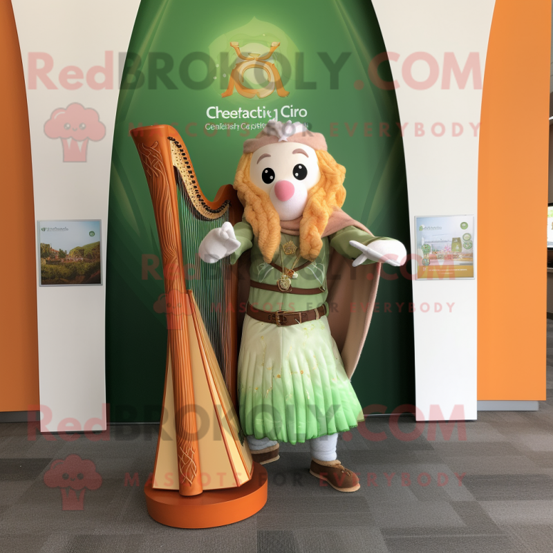 Peach Celtic Harp mascot costume character dressed with a Graphic Tee and Belts Peach Celtic Harp mascot costume character dressed with a Graphic Tee and Belts