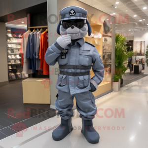 Gray Navy Soldier mascot costume character dressed with a Jacket and Messenger bags